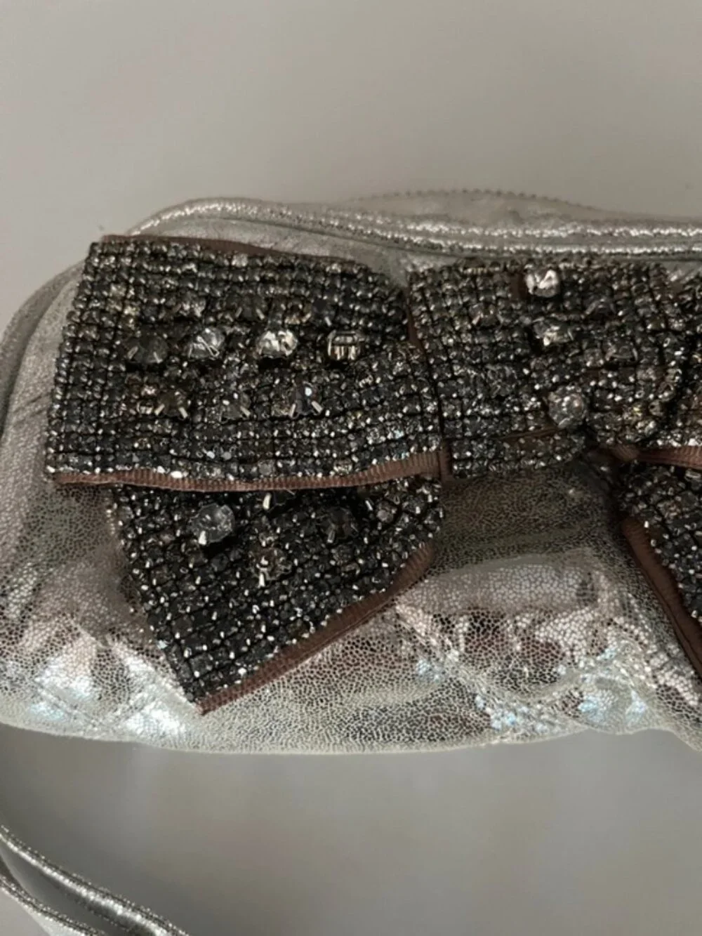 Deux Lux Silver Metallic Rhinestone Bow Wristlet Clutch | Glam Evening Bag